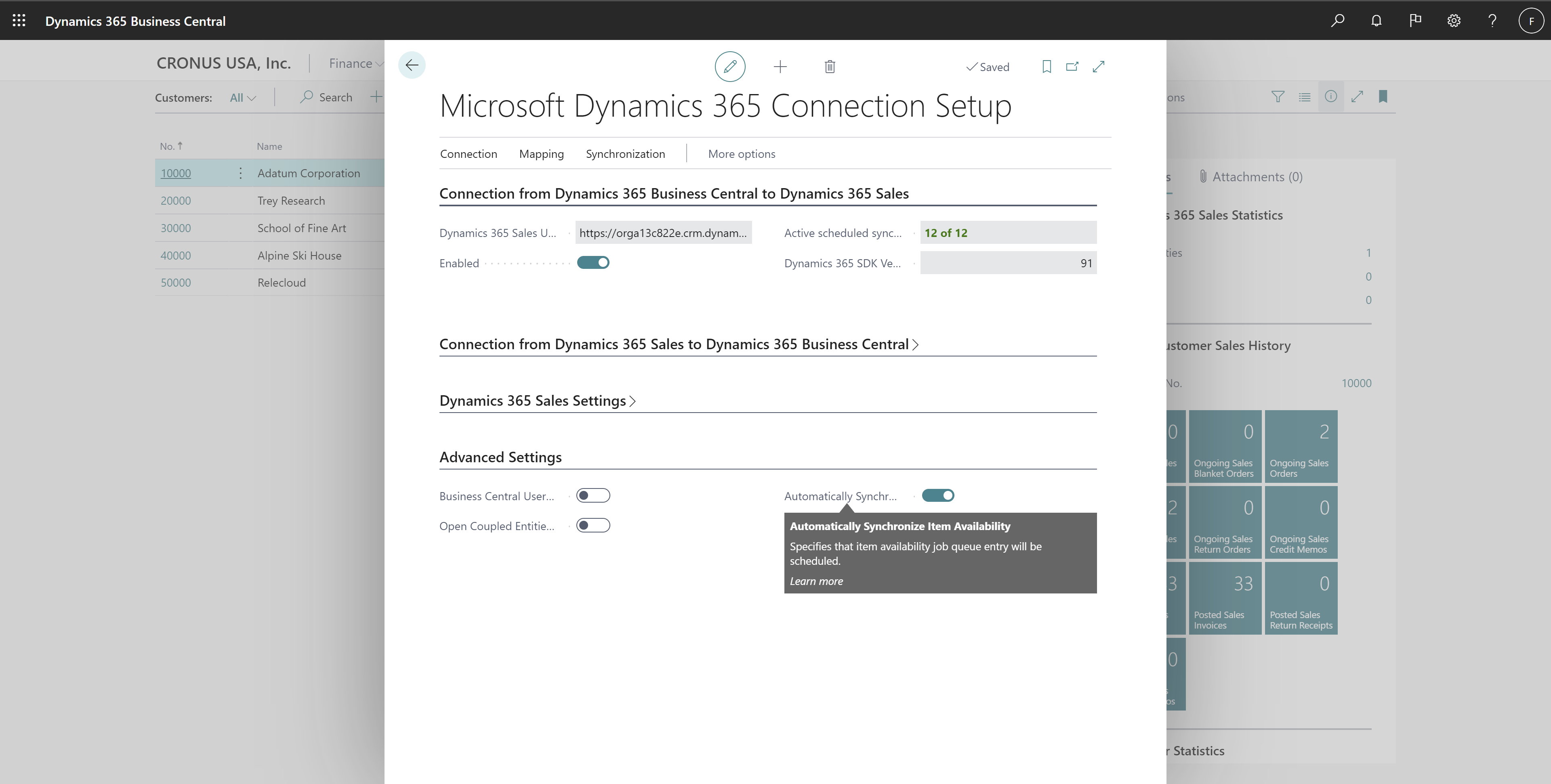 Dynamics 365 Connection Setup page's Automatically Synchronize Item Availability check box