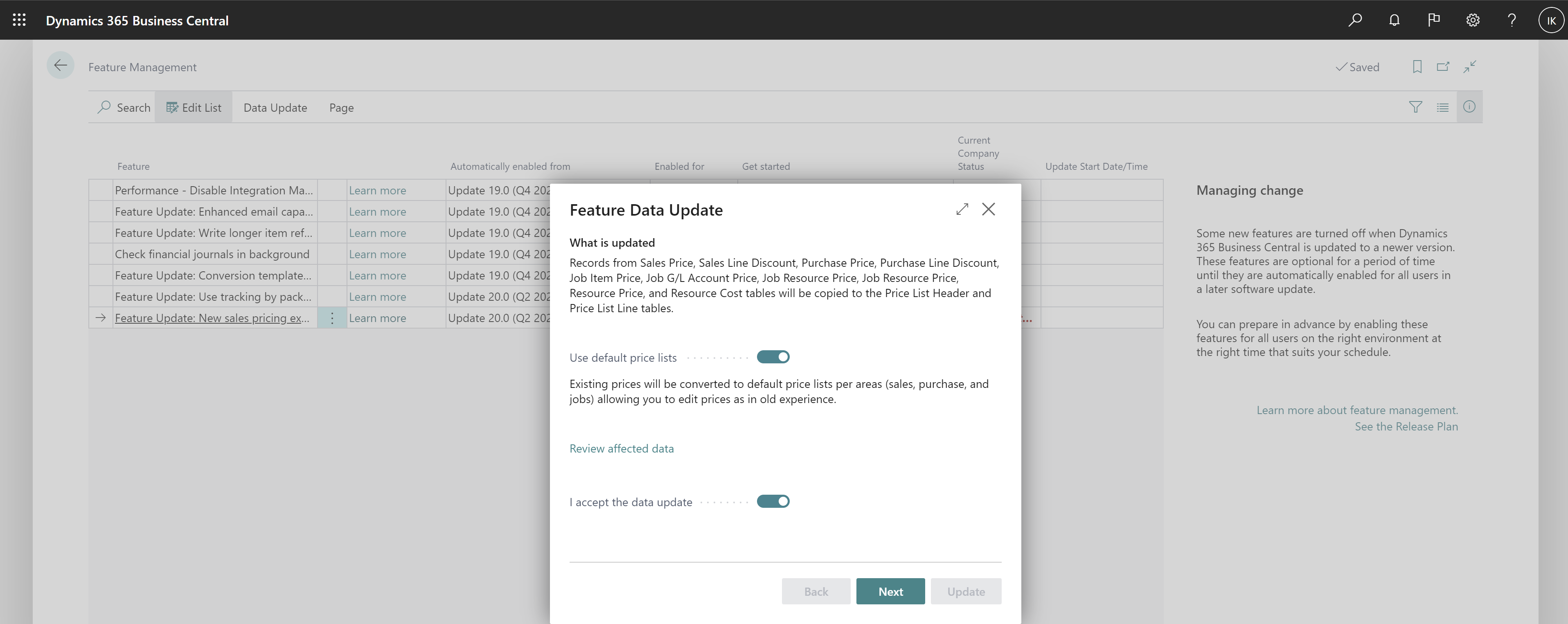 Shows Feature Data Update guide for new pricing experience with Use default price lists toggle
