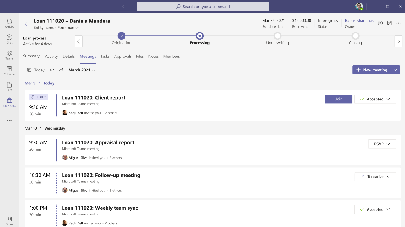 Meetings in Collaboration Manager for Loans inside of Microsoft Teams.
