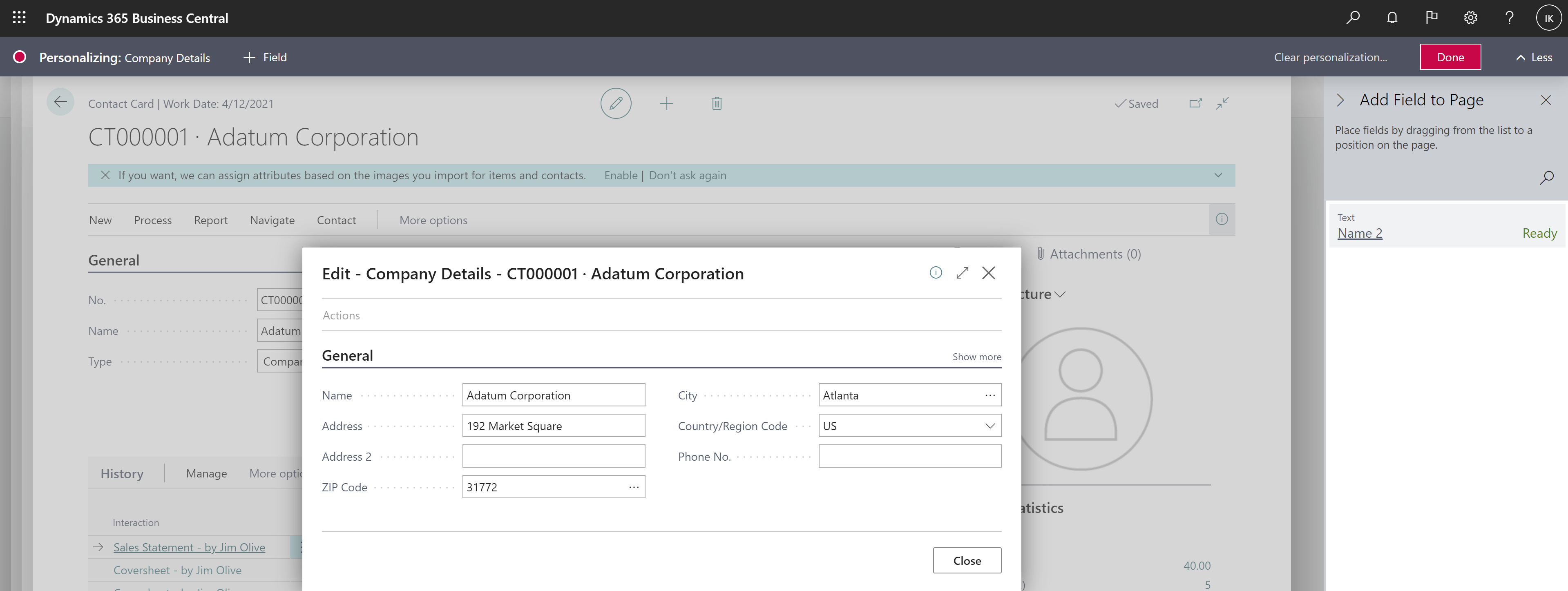 Shows Company Details page with Name 2 in list of available fields to add through personalization.