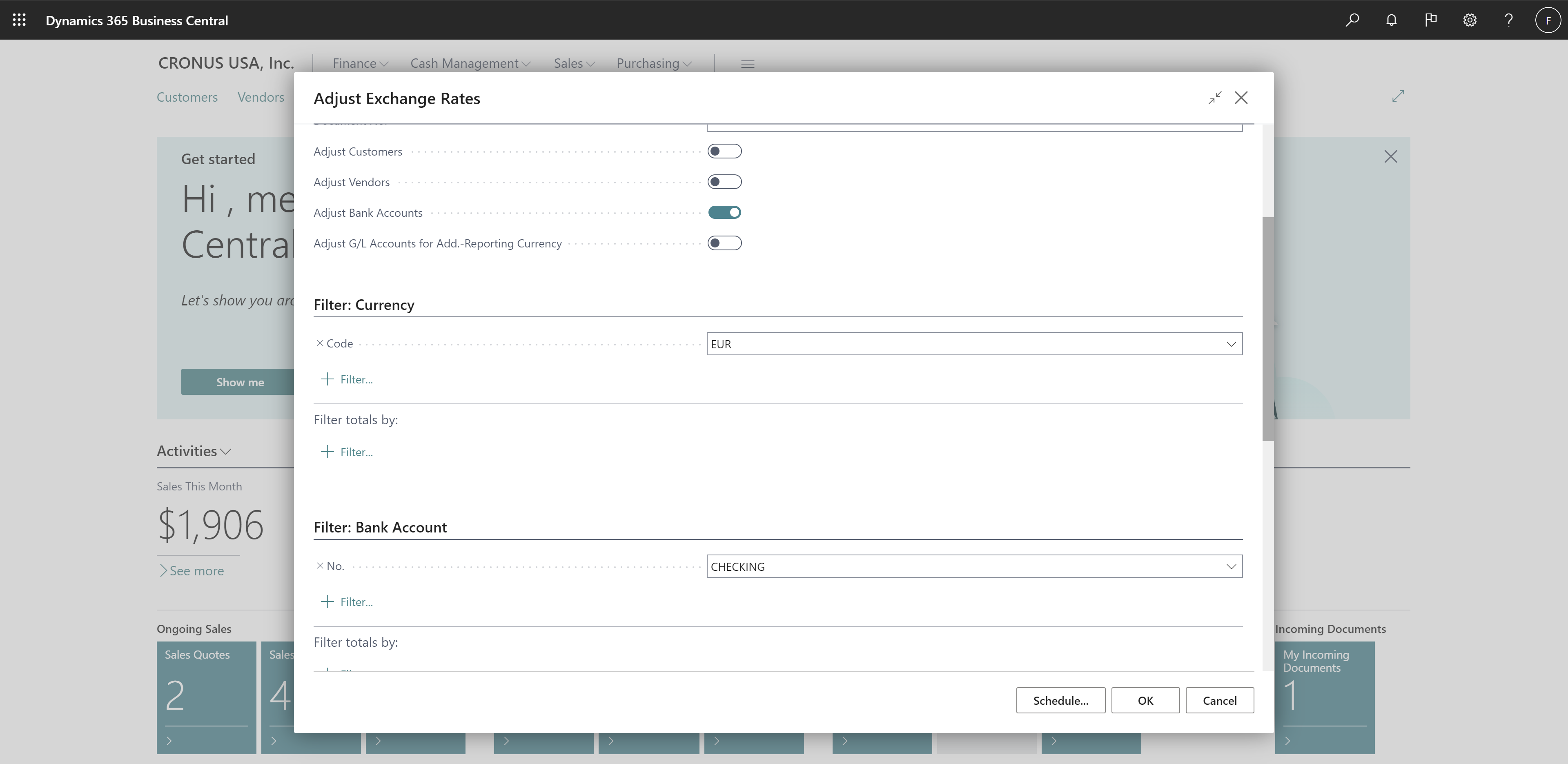 Shows Adjust Exchange Rates report with new options to only adjust customer, vendor or bank account.