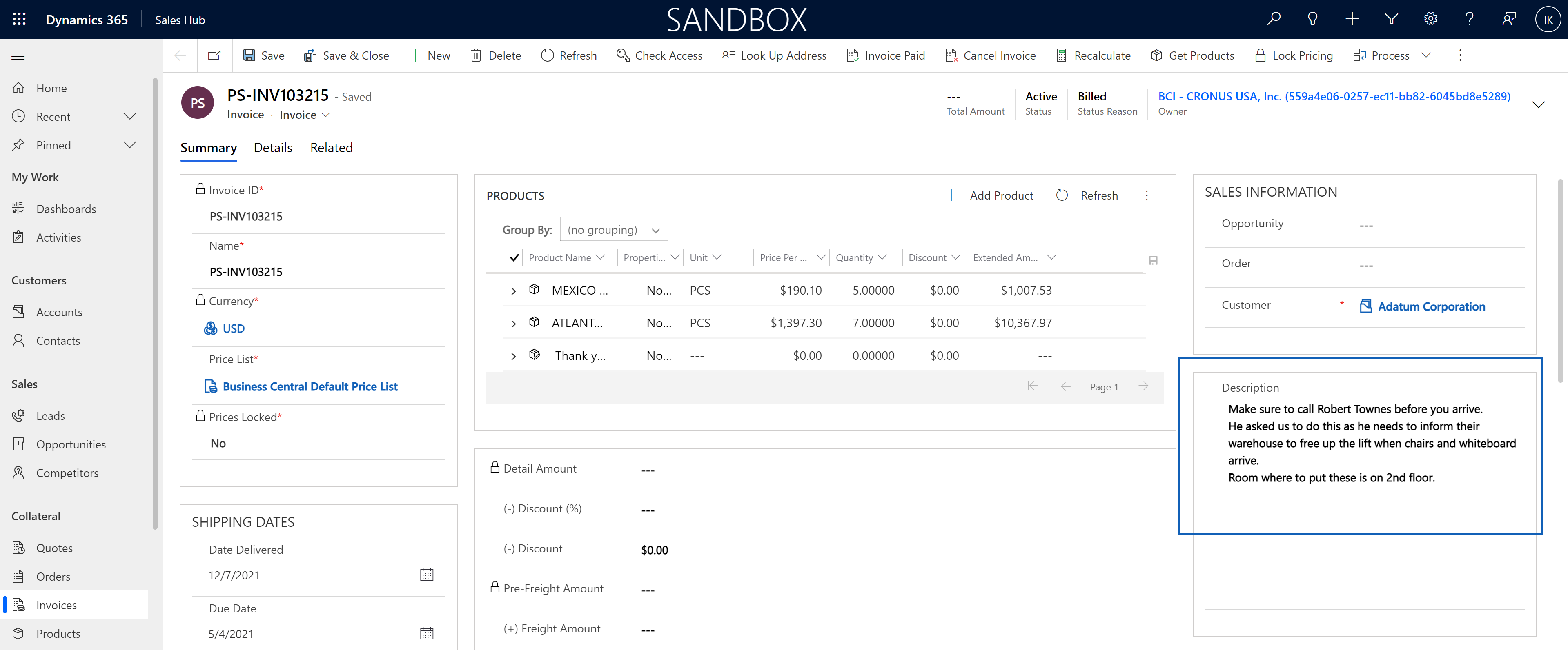 Shows an invoice in Dynamics 365 Sales with a description transferred from the Work Description.
