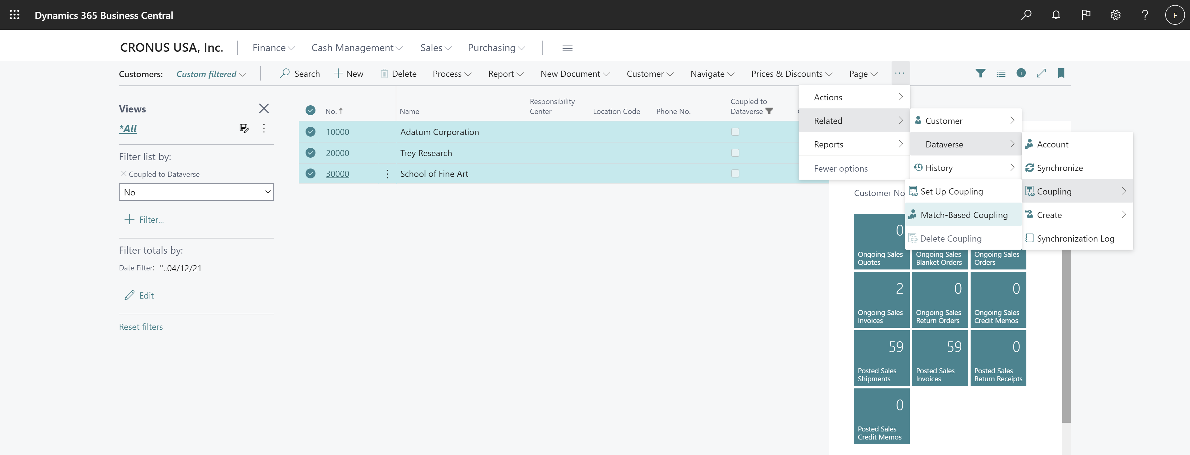 Shows customer list with Coupled to Dataverse column and Match-based coupling action.