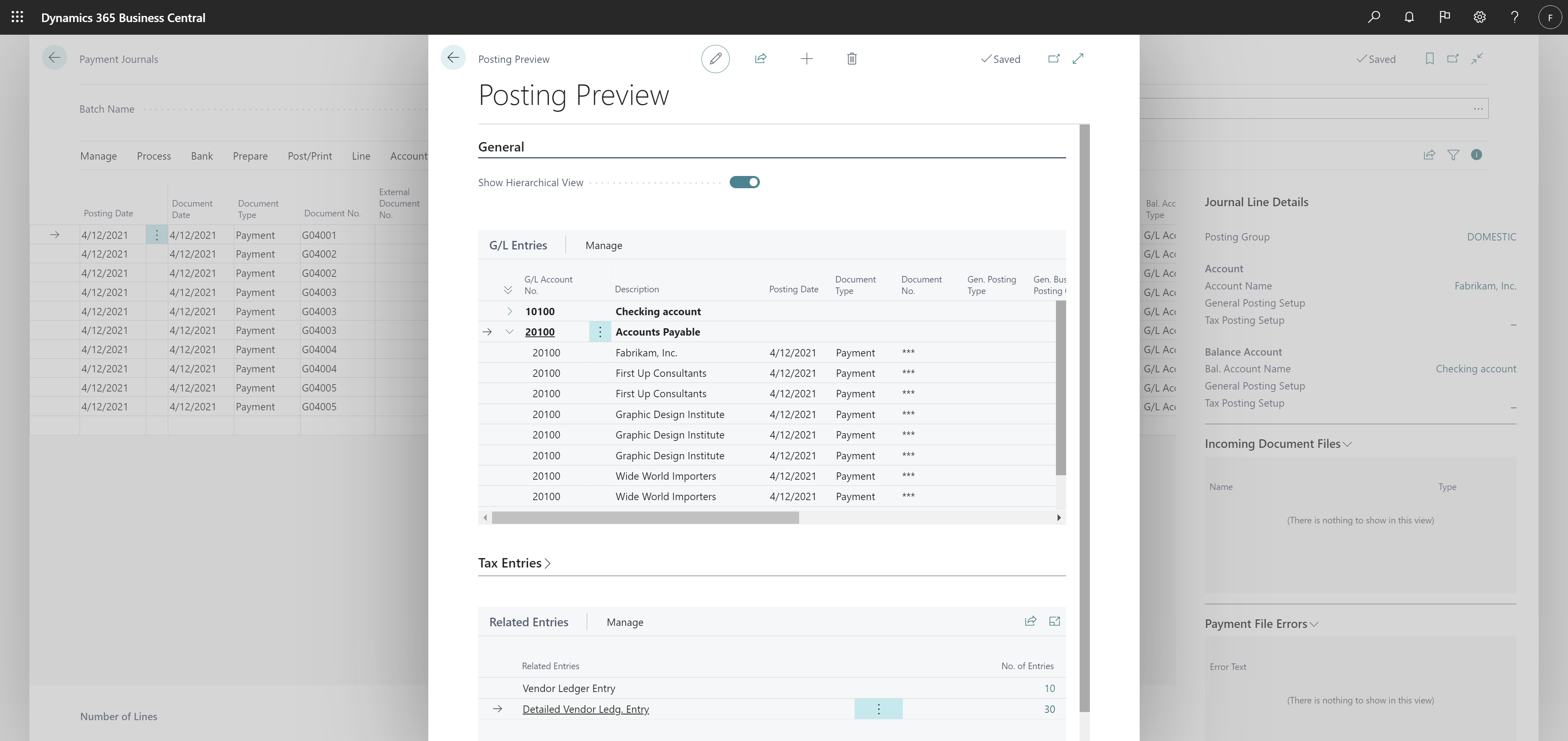 Shows new capability to show grouped view of general ledger entries in Posting Preview.