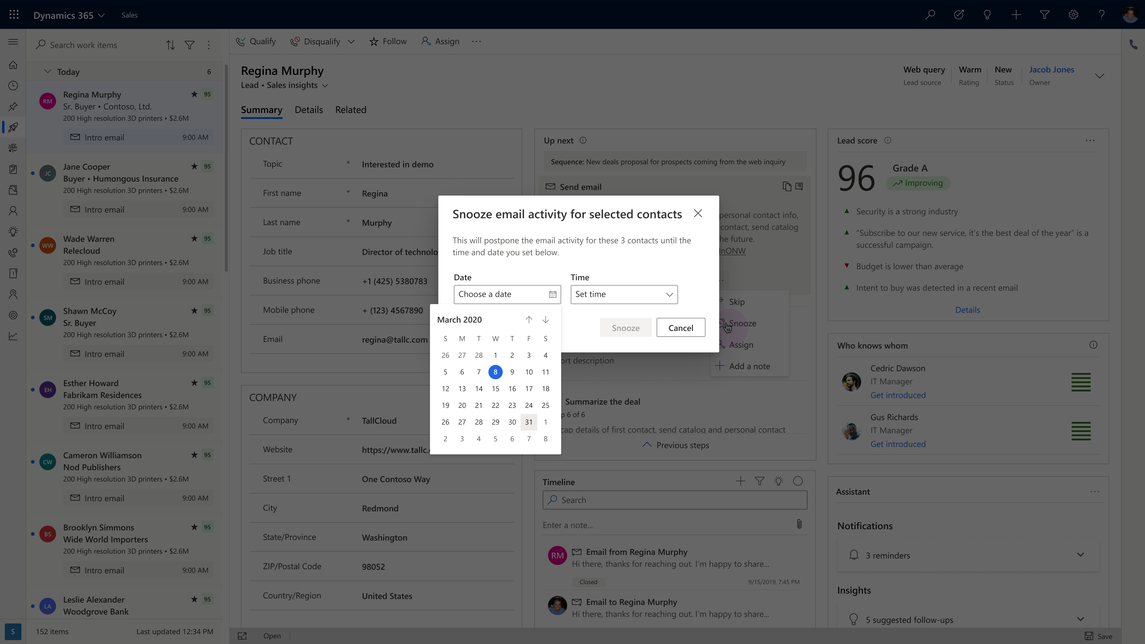 Snooze an upcoming task and select a date.