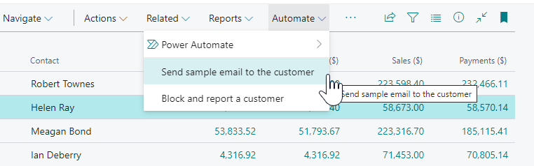 The new Automate group and actions on a customer list.