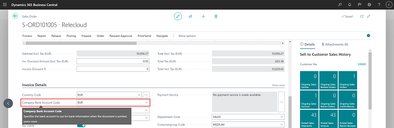 Shows company bank account selection on sales order. 