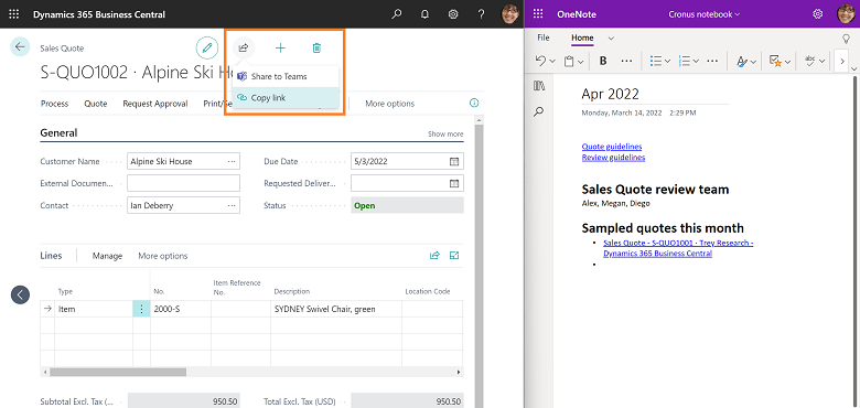 Business Central and OneNote side by side, showing how copy link can be used to paste readable links