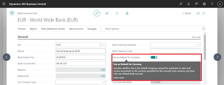 Show new Use as Default for Currency field on Bank Account Page. 