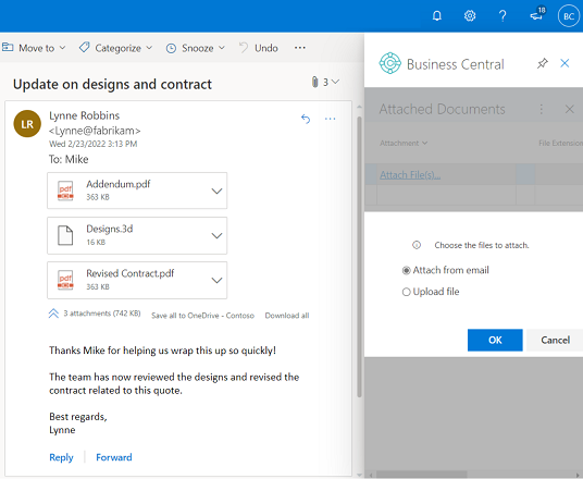 A screen snippet showing an email in Outlook alongside the add-in copying files.