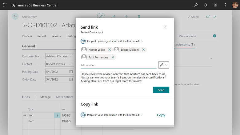 Business Central showing the OneDrive file sharing dialog.