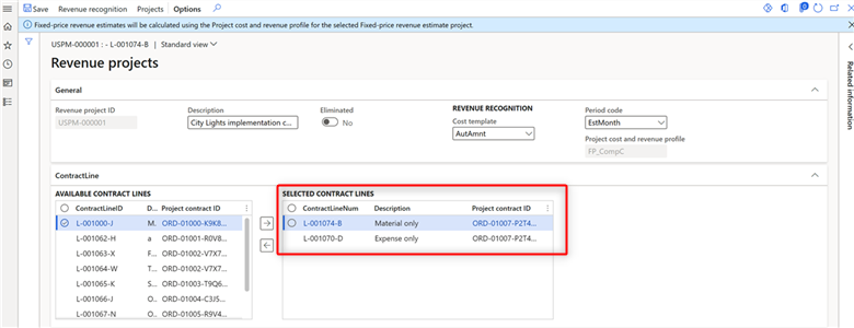 Screenshot of contract line based revenue recognition project setup