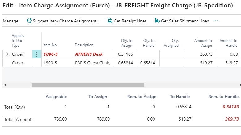 Quantity to handle in Item Charge Assignment page.