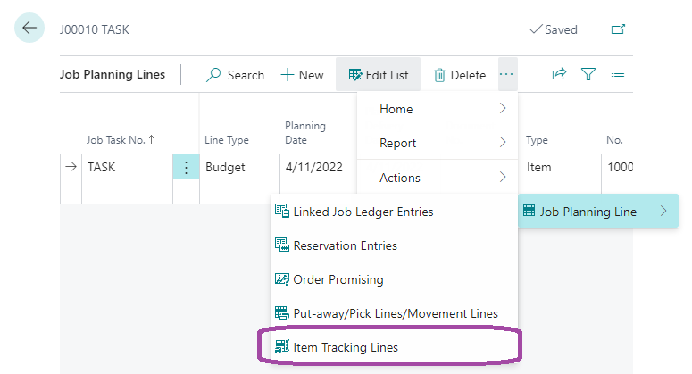 The action Item Tracking Lines in the Job Planning Lines page.