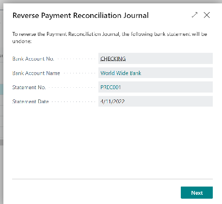 Wizard for payment reconciliation reversal, page 1.