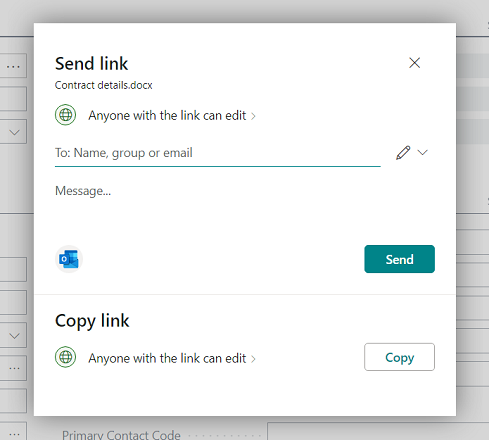 The share dialog showing the new Outlook option