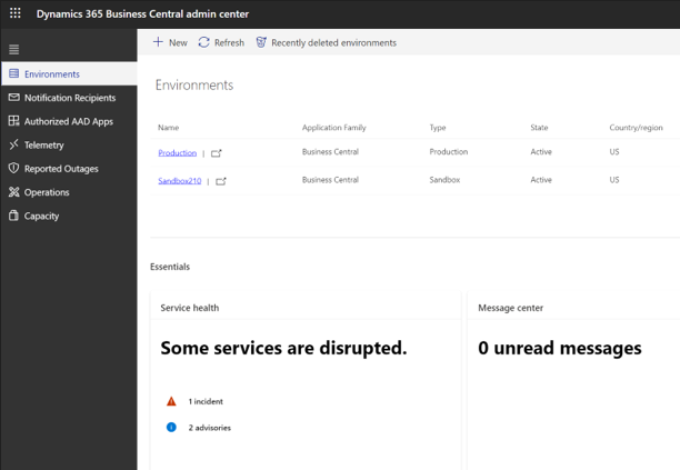 Service Health Status displayed in the Dynamics 365 Business Central admin center