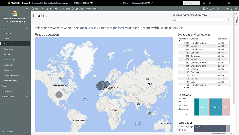 Screenshot of the locations page in the Usage report