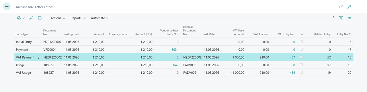 Purchase Advance Invoice Entries