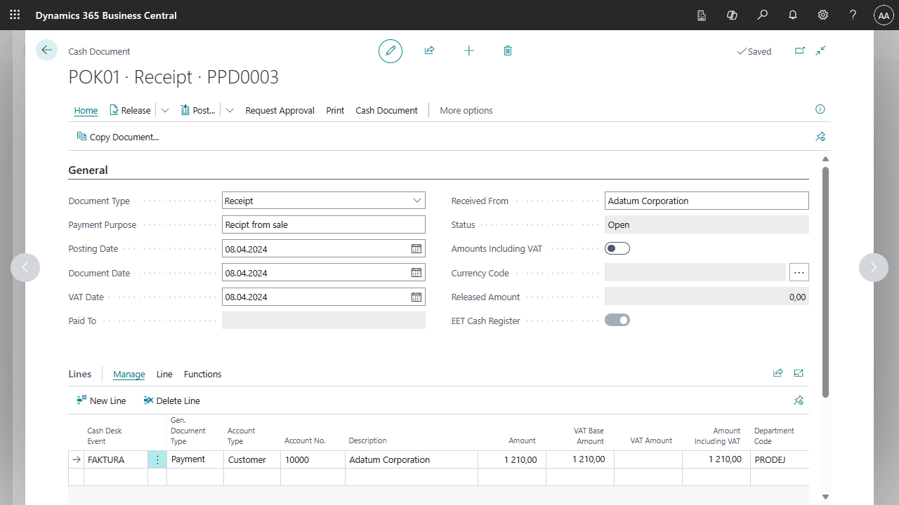 Screenshot of the cash desk document.