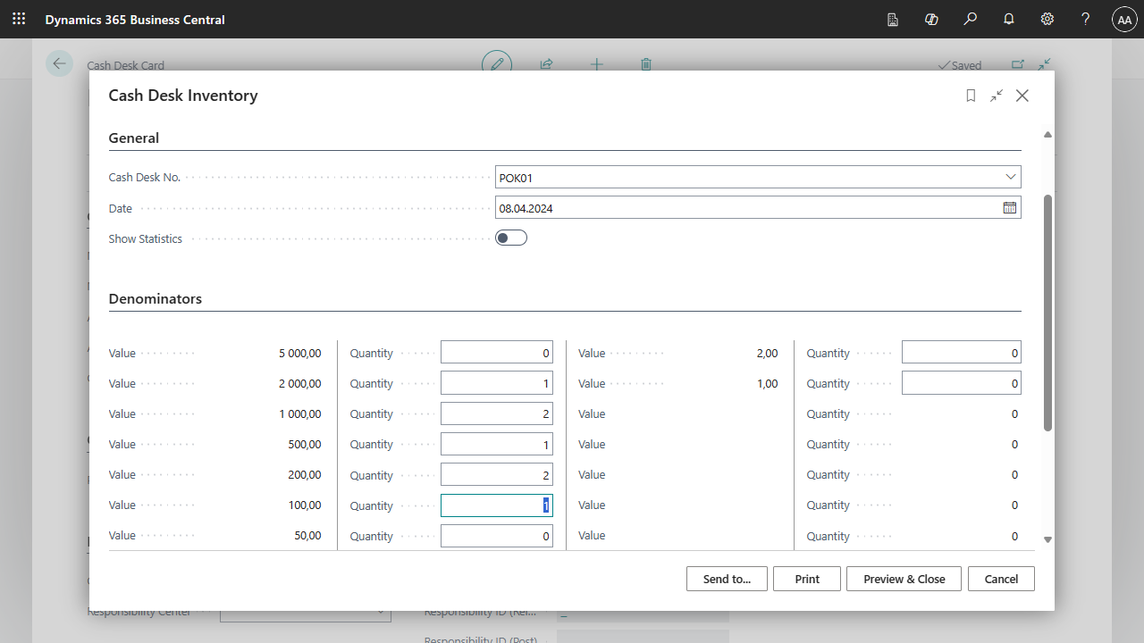 Screenshot of the cash desk inventory.
