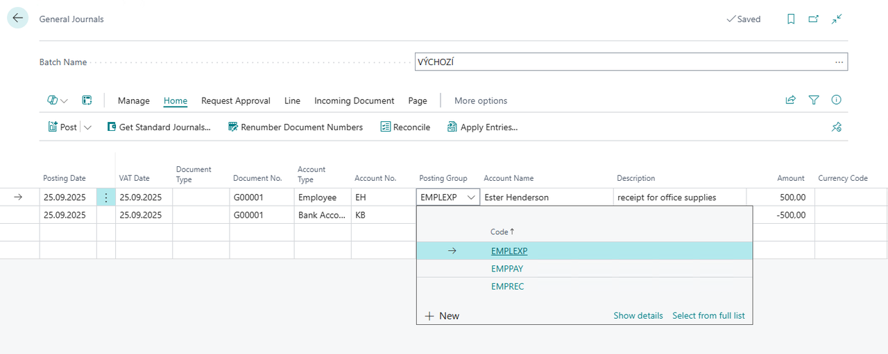 Screenshot that shows the G/L journal posting with alternative posting groups.