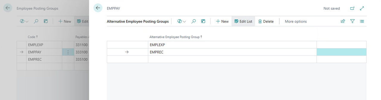 Screenshot of the page that shows alternative employee posting groups.