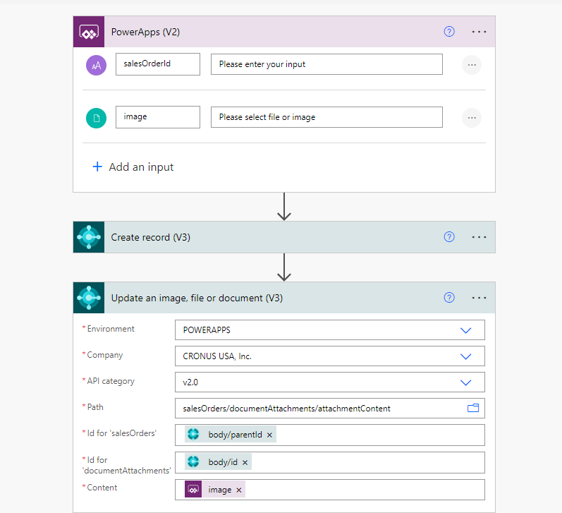 Shows a screen shot of a Power Automate flows that takes an image from Power apps and uploads it to Business Central