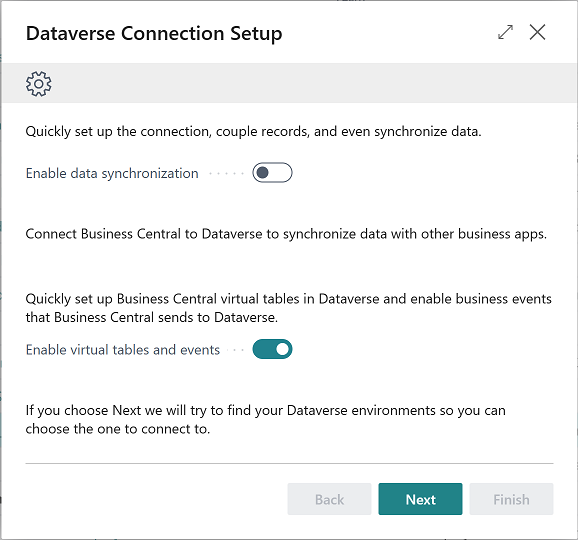 Shows the Dataverse connection setup page in Business Central