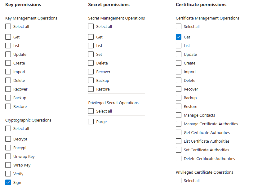 Shows the access policies page in Azure Key Vault.