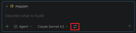 Shows the Github Chat box in Visual Studio Code, highlighting the Confige tools button