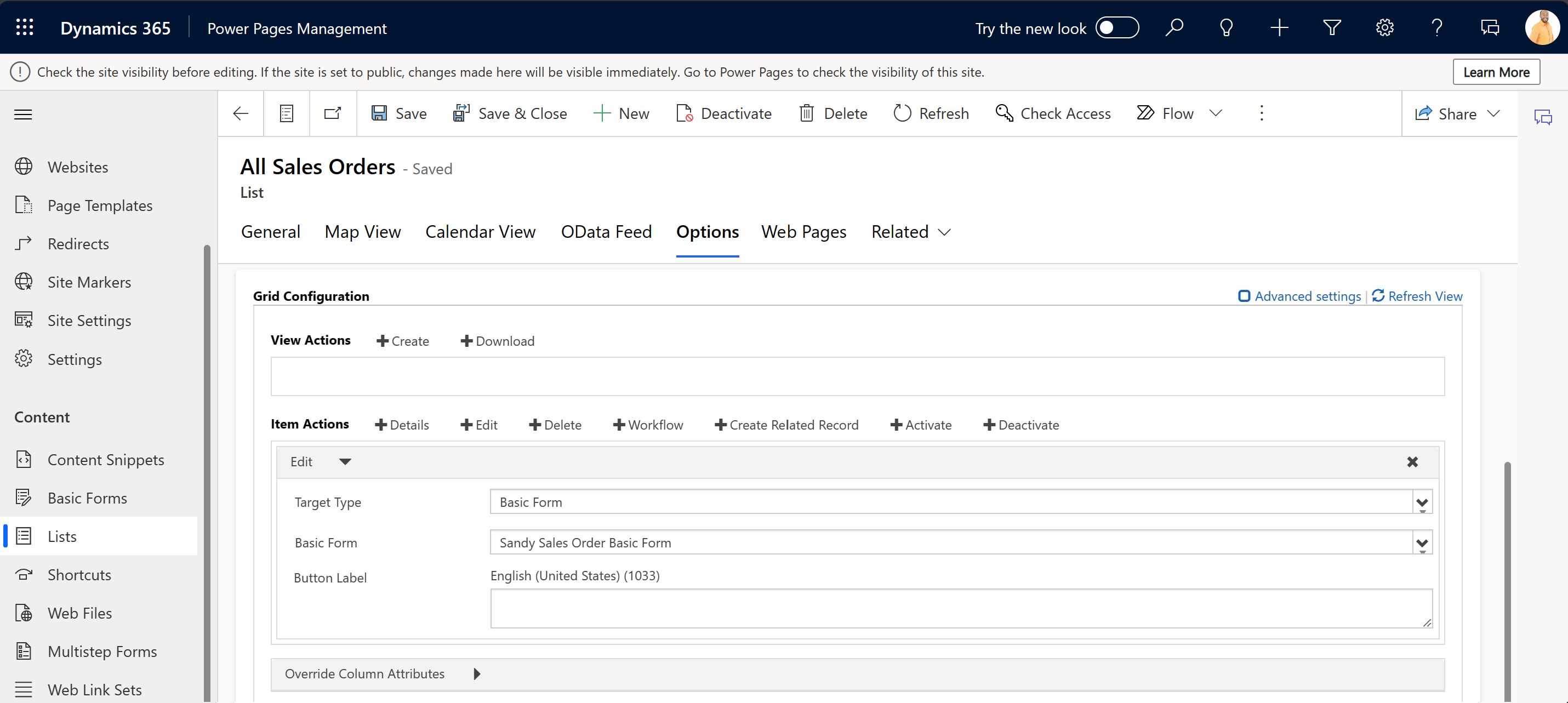 Screenshot of adding an editable list in Power Pages Management portal