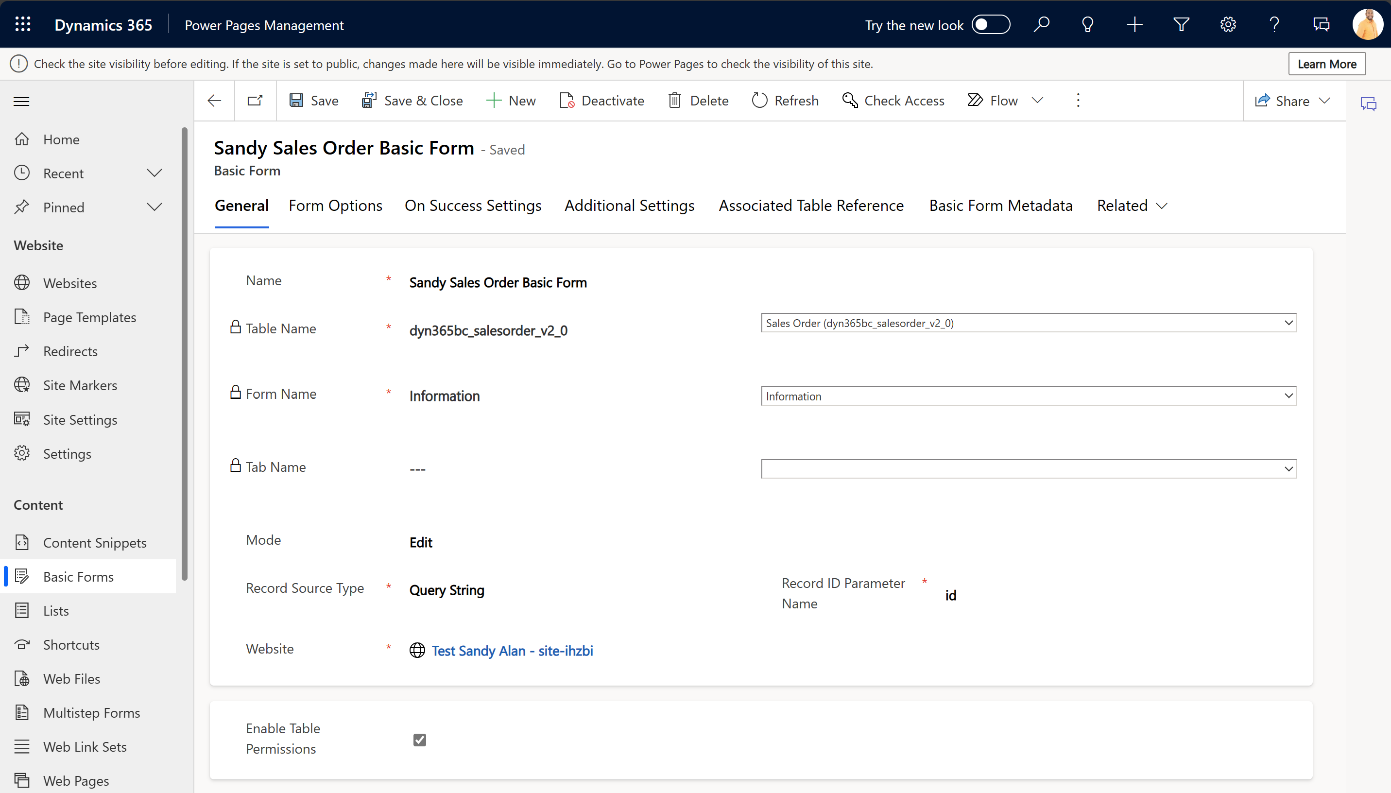 Screenshot of adding a form in Power Pages Management portal