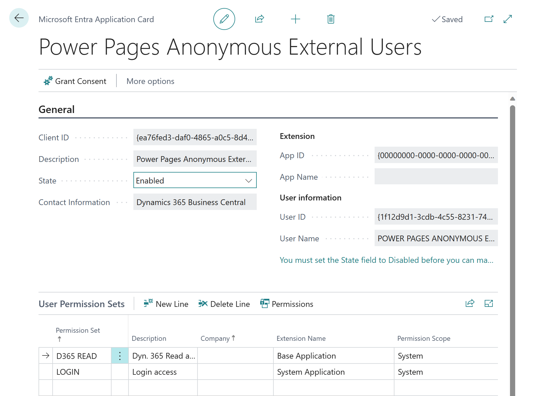 Screenshot of the Power Pages Anonymous External Users card in Business Central
