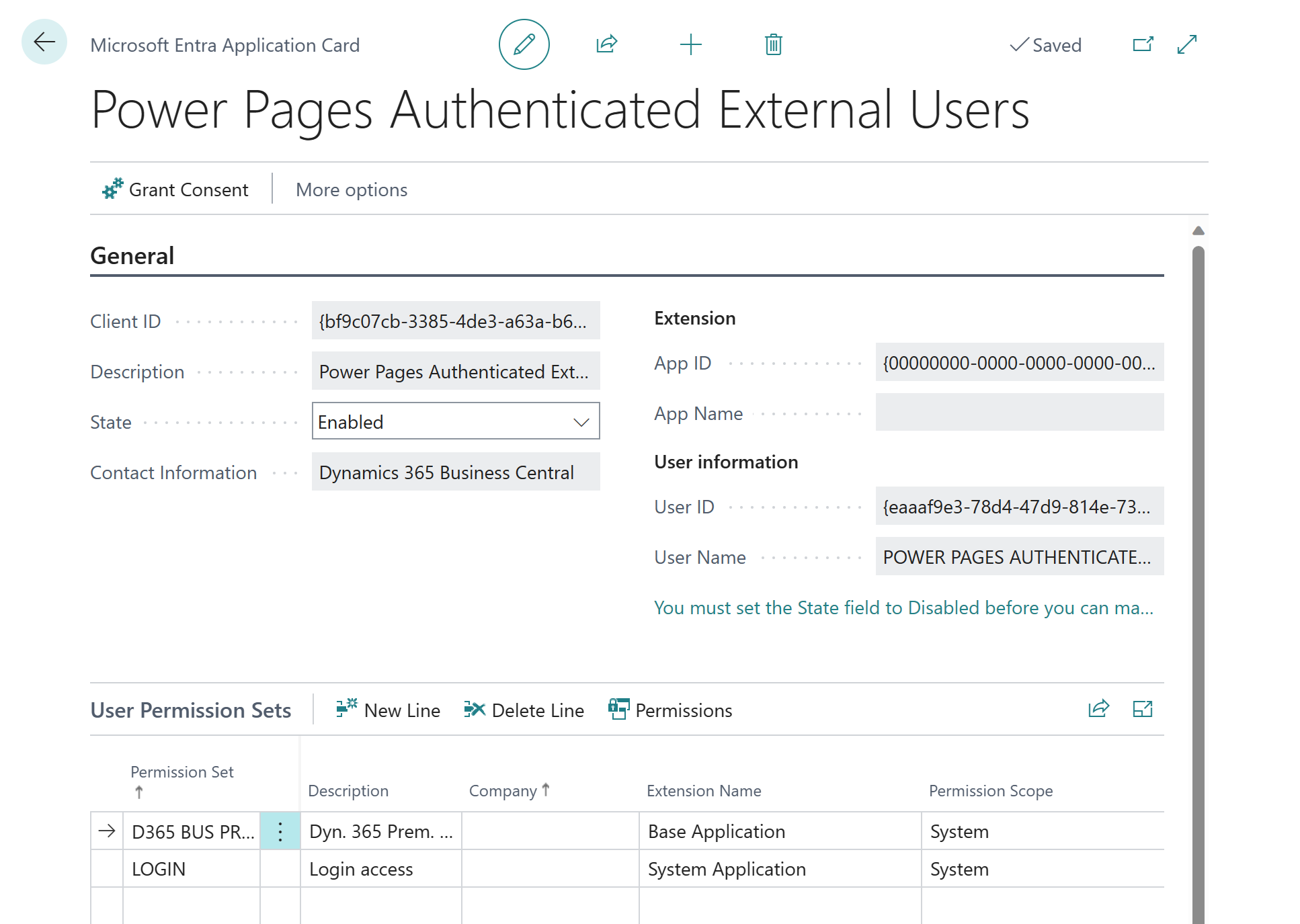 Screenshot of the Power Pages Authenticated External Users card in Business Central
