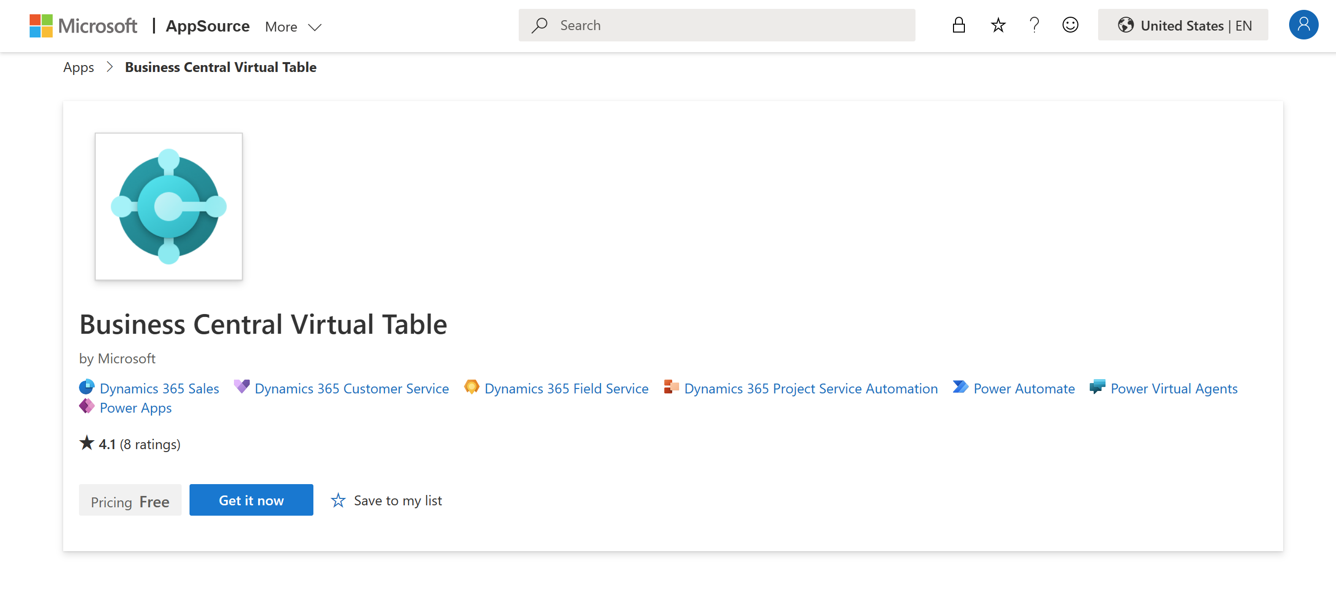 Screenshot of the Business Central Virtual Table app from AppSource