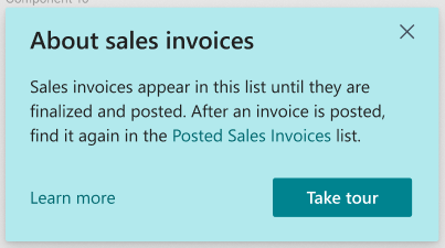 Example of a Page Teaching Tip with a link to guide users to a related page object, such as the Posted Sales Invoices list, that users might be looking for 