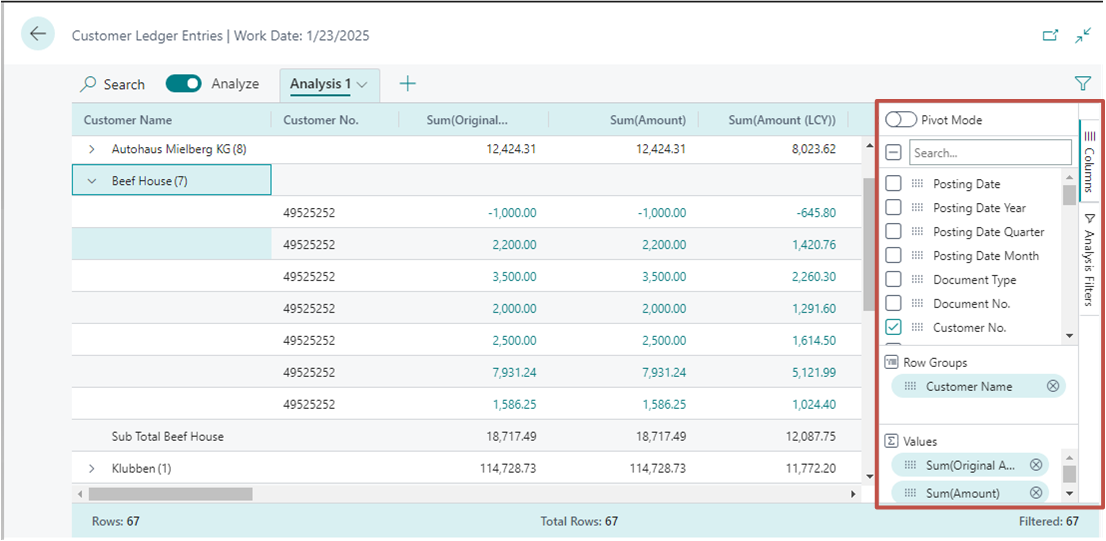 Analyze data in list pages and queries using data analysis mode - Business  Central