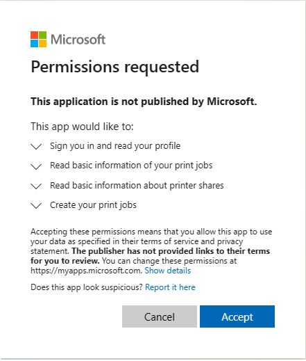 Shows the Azure request permissions page