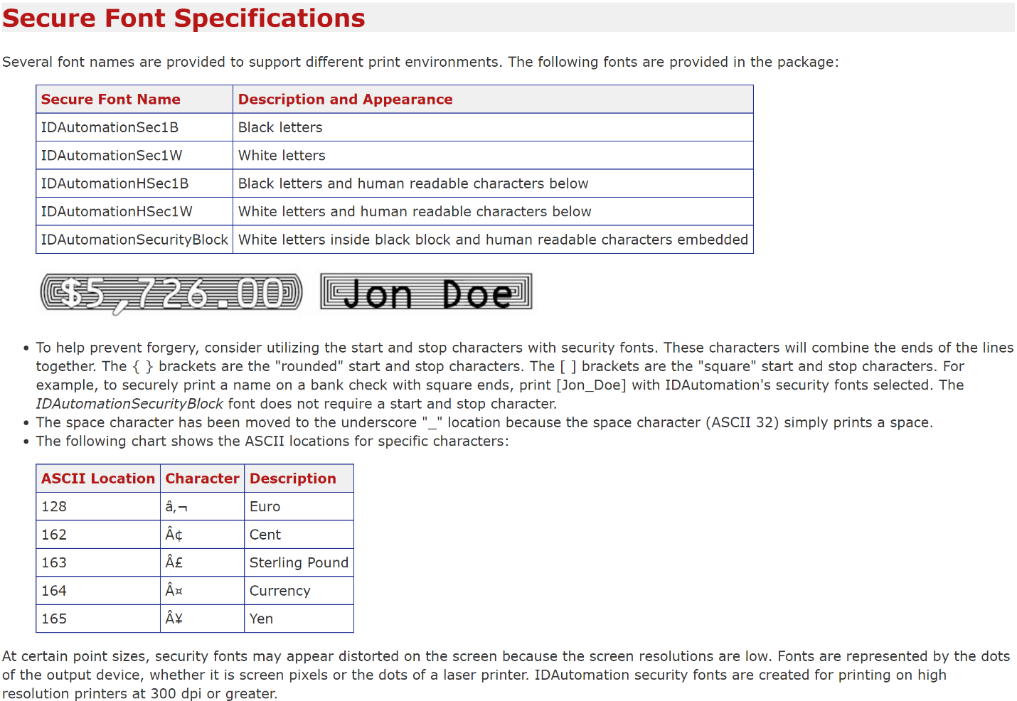 Check Security Font Specifications.