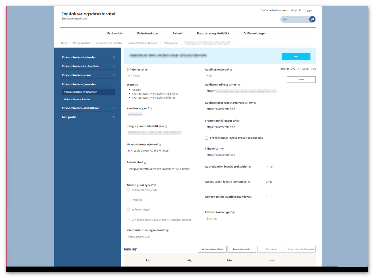 Integration point settings for Norwegian VAT