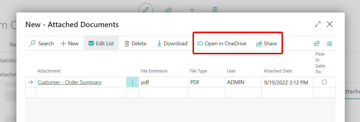 The Open in OneDrive and Share actions for attachments