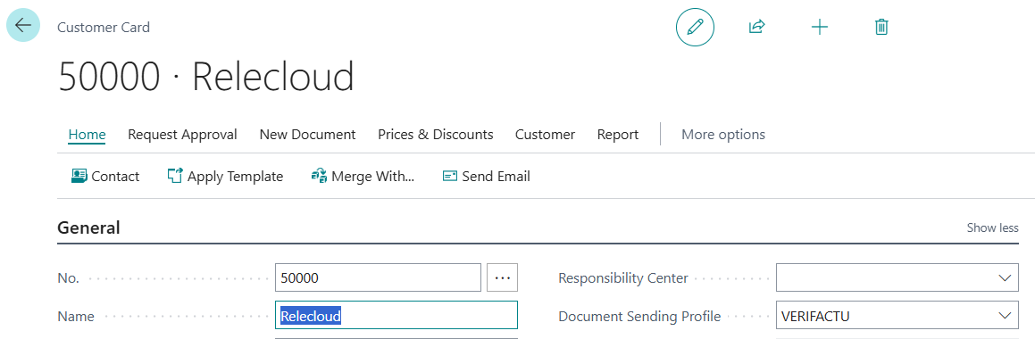 Screenshot that shows the customer card with Verifactu selected as the document sending profile.