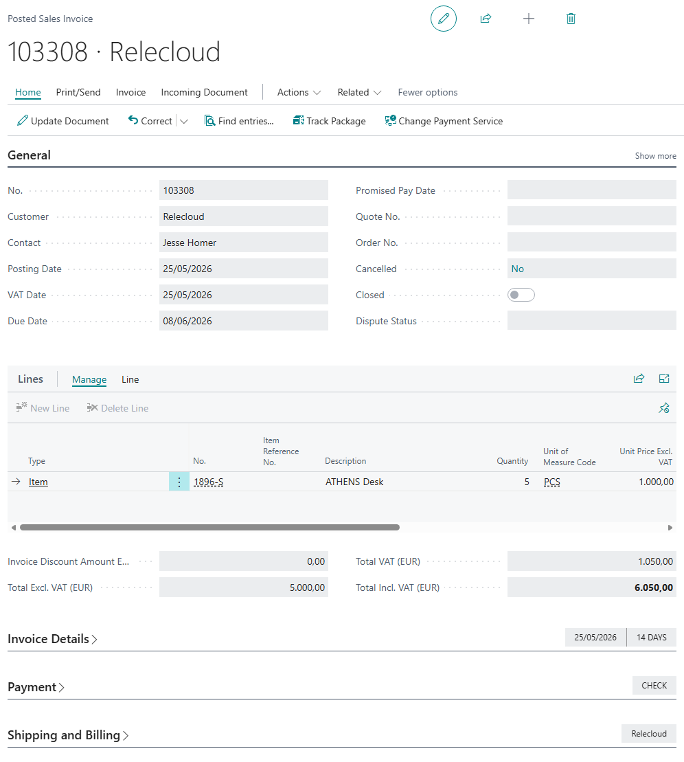 Screenshot that shows the posted sales invoice for the customer.