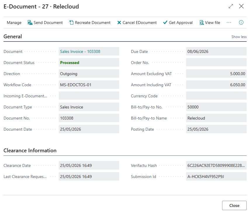 Screenshot that shows the E-Document page for the processed sales invoice for Relecloud.