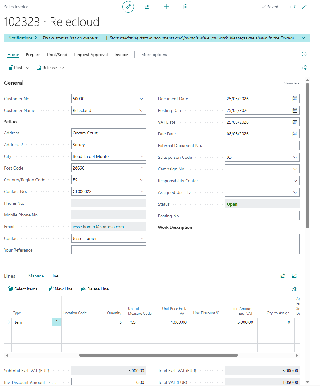 Screenshot that shows the sales invoice for the customer.