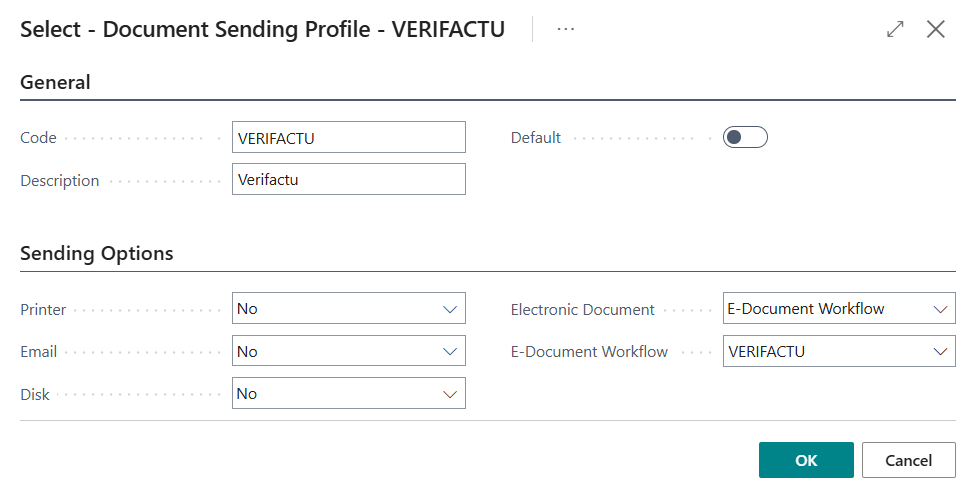 Screenshot that shows the document sending profile for Verifactu.