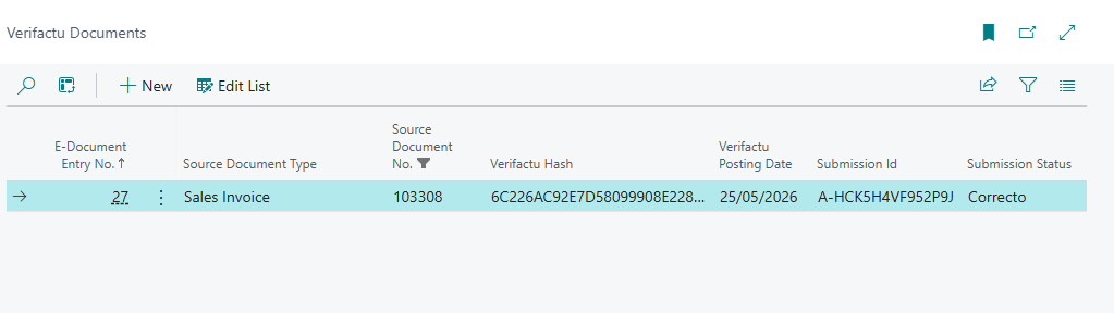 Screenshot that shows the Verifactu document page with the submission status.