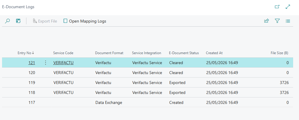 Screenshot that shows the e-document logs for the processed invoices.