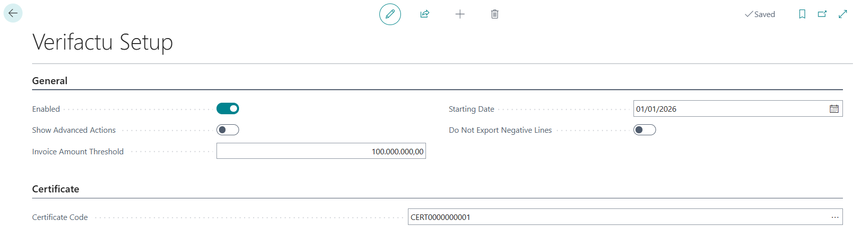 Screenshot that shows the Verifactu Setup page.